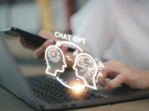ChatGPT Chat with AI or Artificial Intelligence. woman chatting