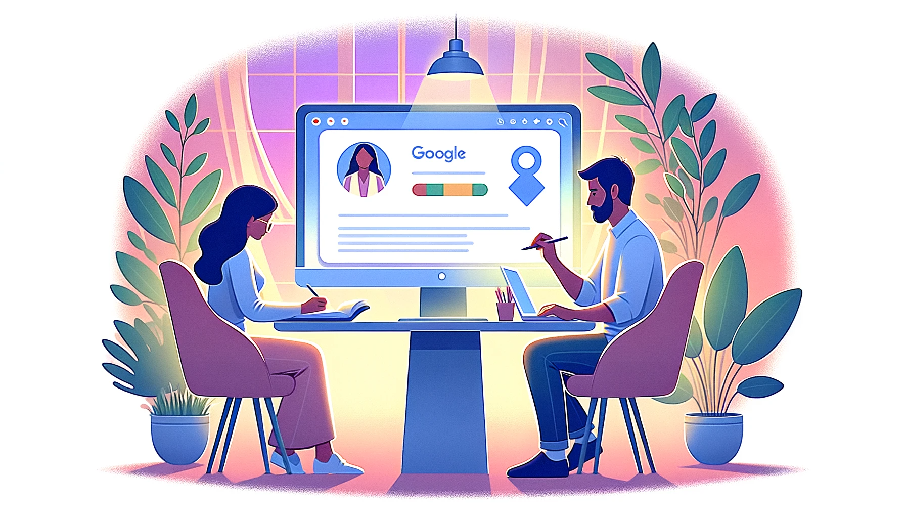 Illustration of a tranquil digital workspace bathed in pastel shades and delicate shadows. Dominating the scene is a desktop monitor that proudly displays a top-notch Google My Business profile