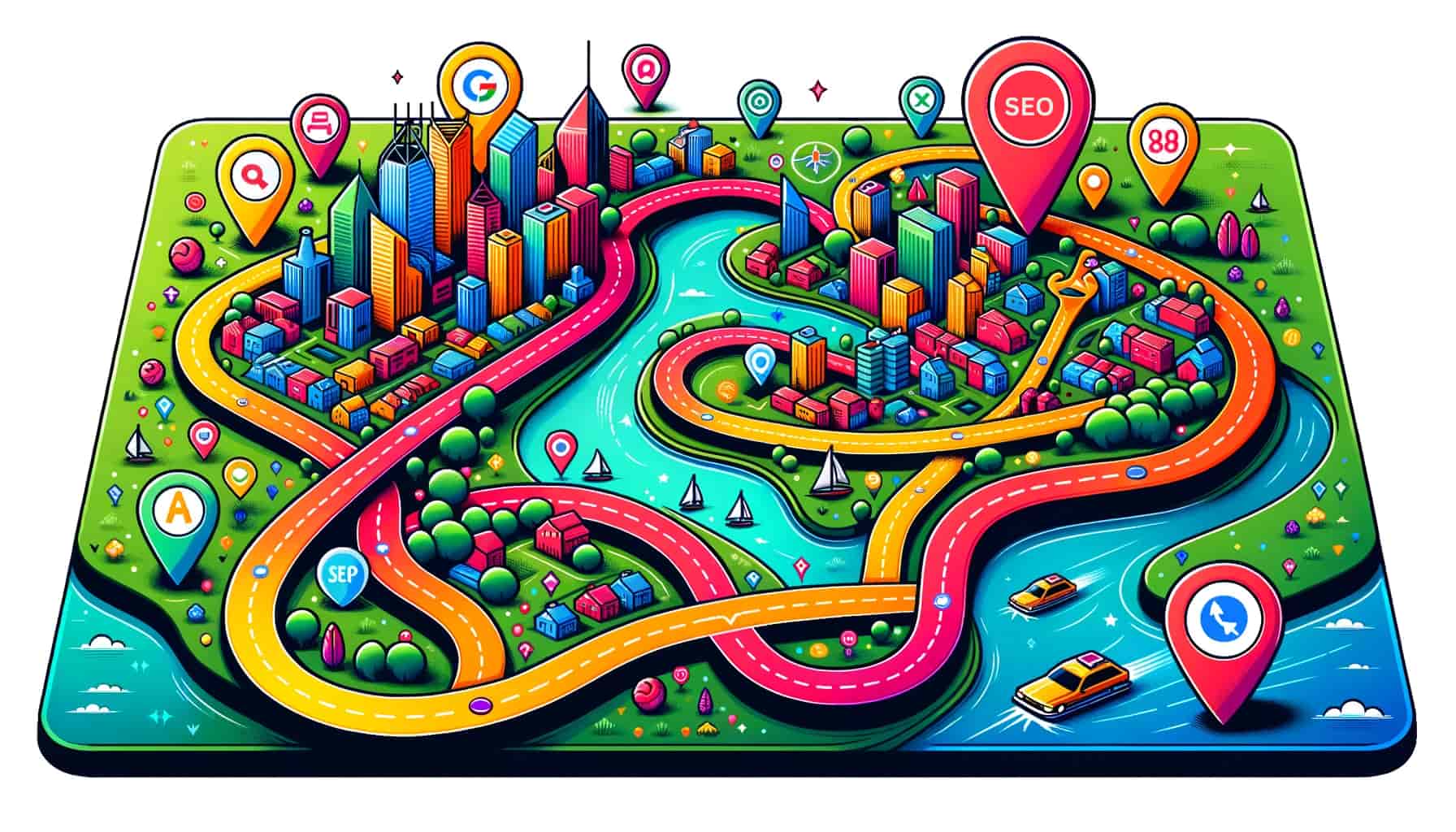  A colorful digital art map of a city with roads, buildings, and a river surrounding it. The roads are curved and there are many cars driving down them. The river is also curved and there are many boats sailing on it. The buildings are tall and brightly colored. There are many trees and parks throughout the city. 