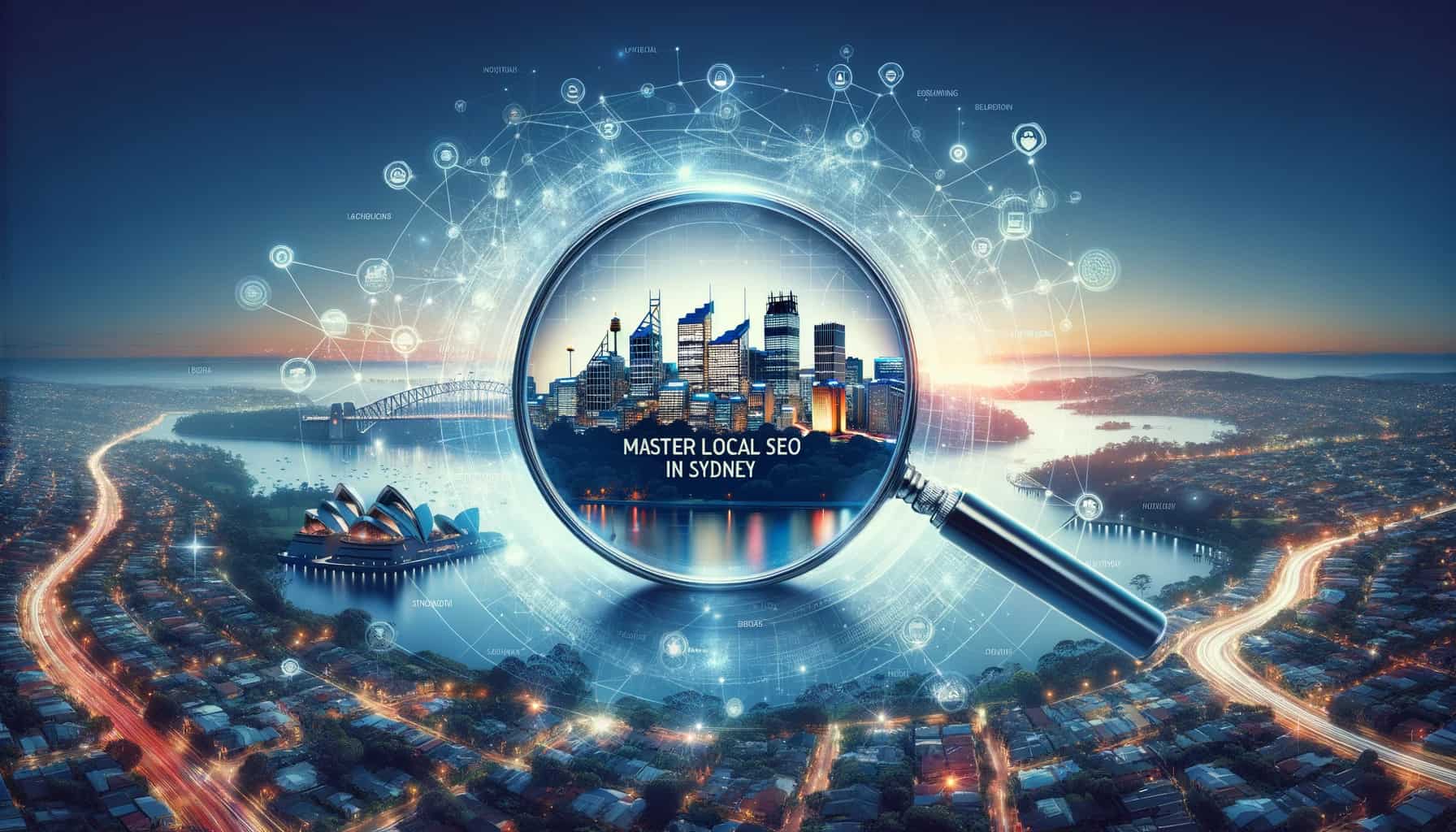 A magnifying glass hovering over a city with the text "master local SEO in Sydney" written on it, suggesting that local SEO can help businesses be more visible in online searches. 